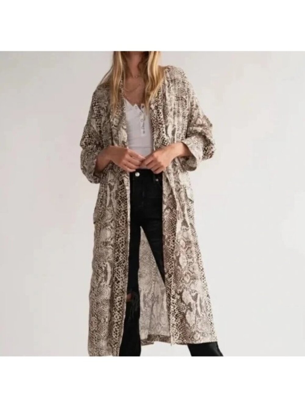 NEW Free People Women Viscose S Animal Long Duster cardigan Brown Cream Boho